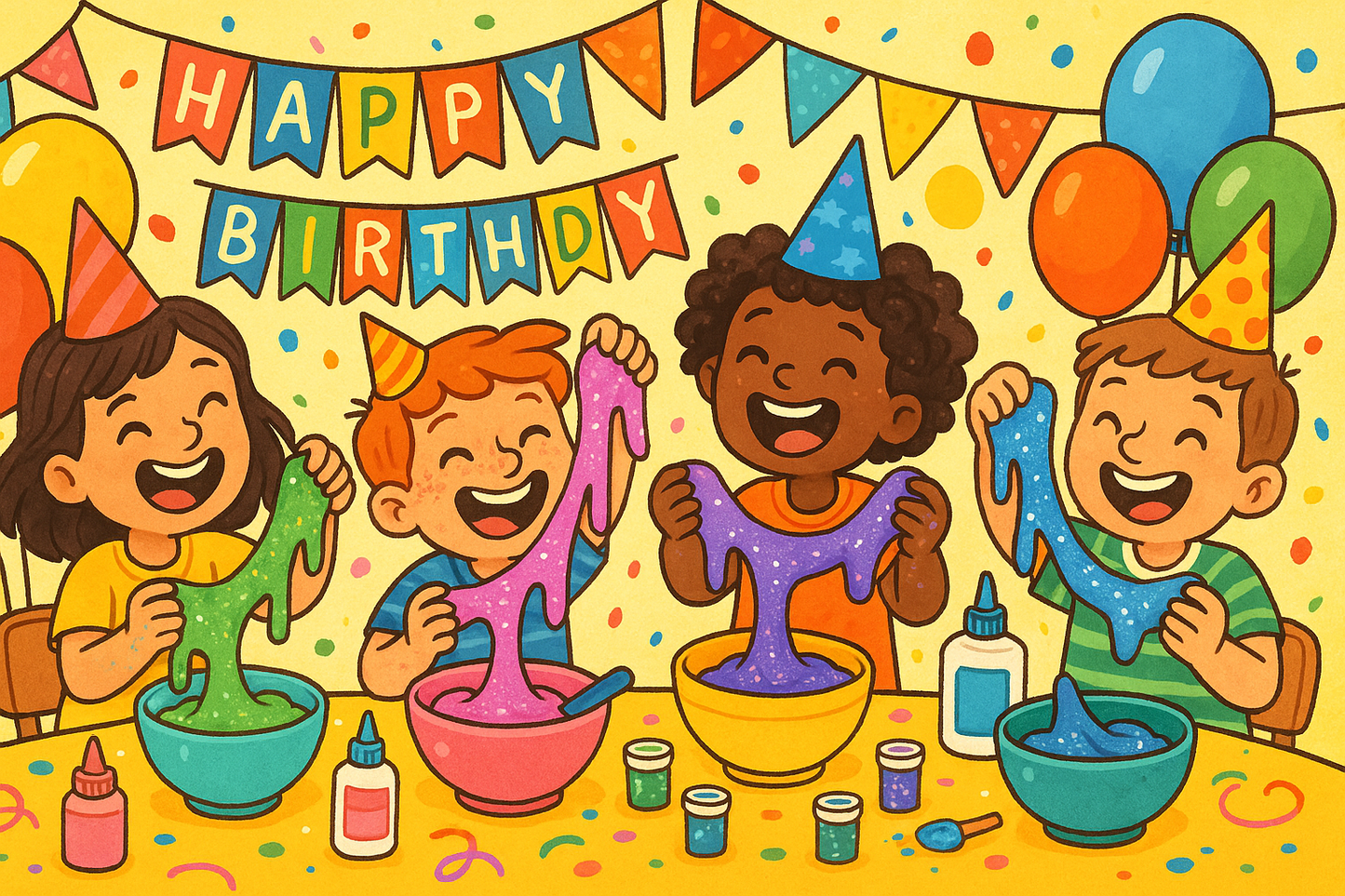 Birthday party and children are making amazing slimes and happy and enjoying their time 