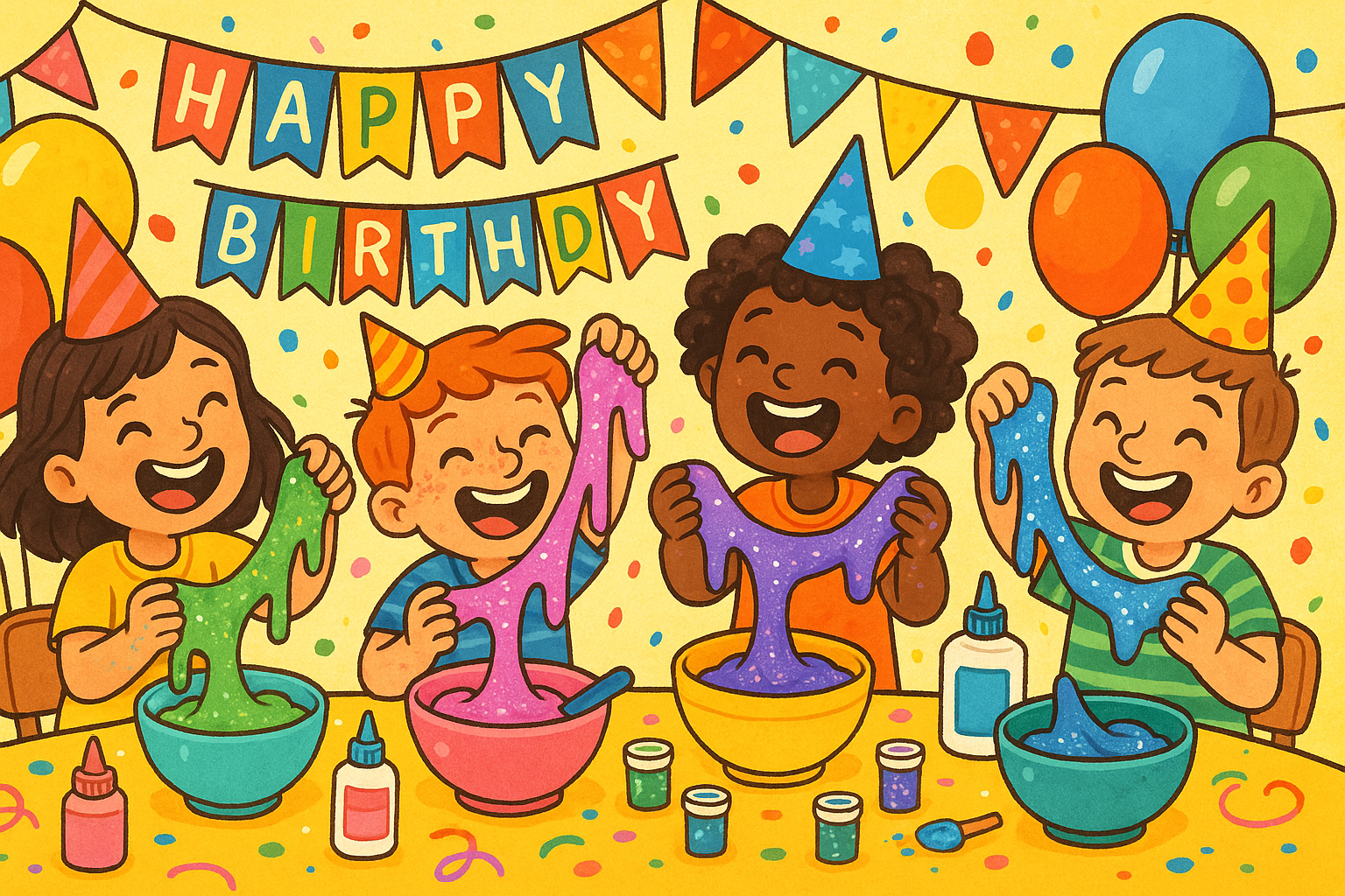 Birthday party and children are making amazing slimes and happy and enjoying their time 