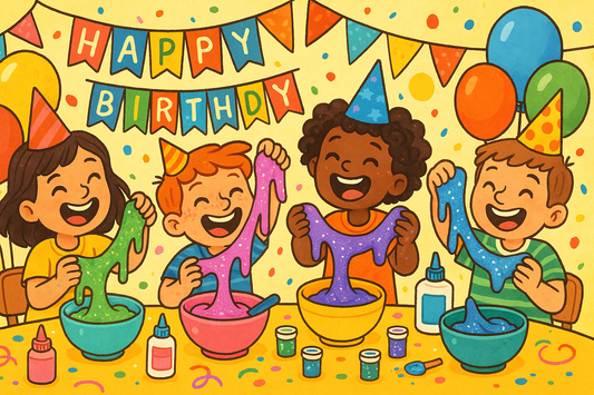 Birthday party and children are making amazing slimes and happy and enjoying their time 